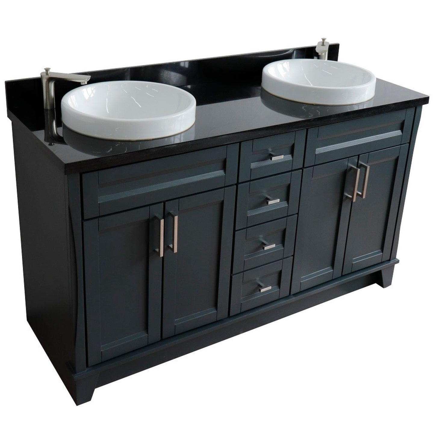 61" Double sink vanity in Dark Gray finish and Black galaxy granite and round sink