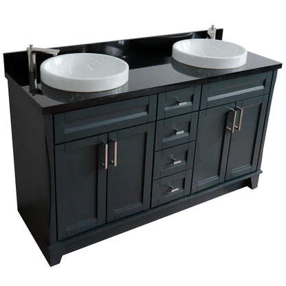 61" Double sink vanity in Dark Gray finish and Black galaxy granite and round sink
