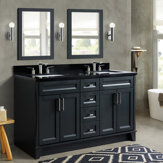 61" Double sink vanity in Dark Gray finish and Black galaxy granite and rectangle sink