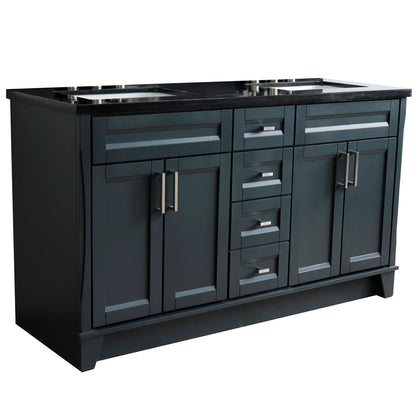 61" Double sink vanity in Dark Gray finish and Black galaxy granite and rectangle sink