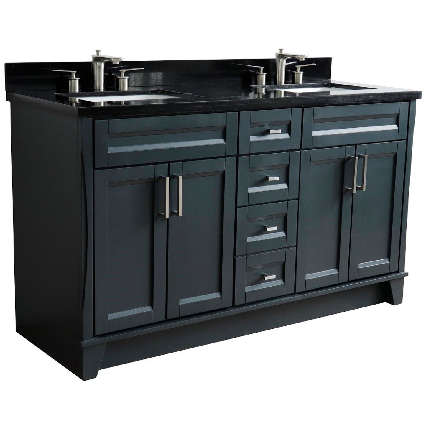 61" Double sink vanity in Dark Gray finish and Black galaxy granite and rectangle sink
