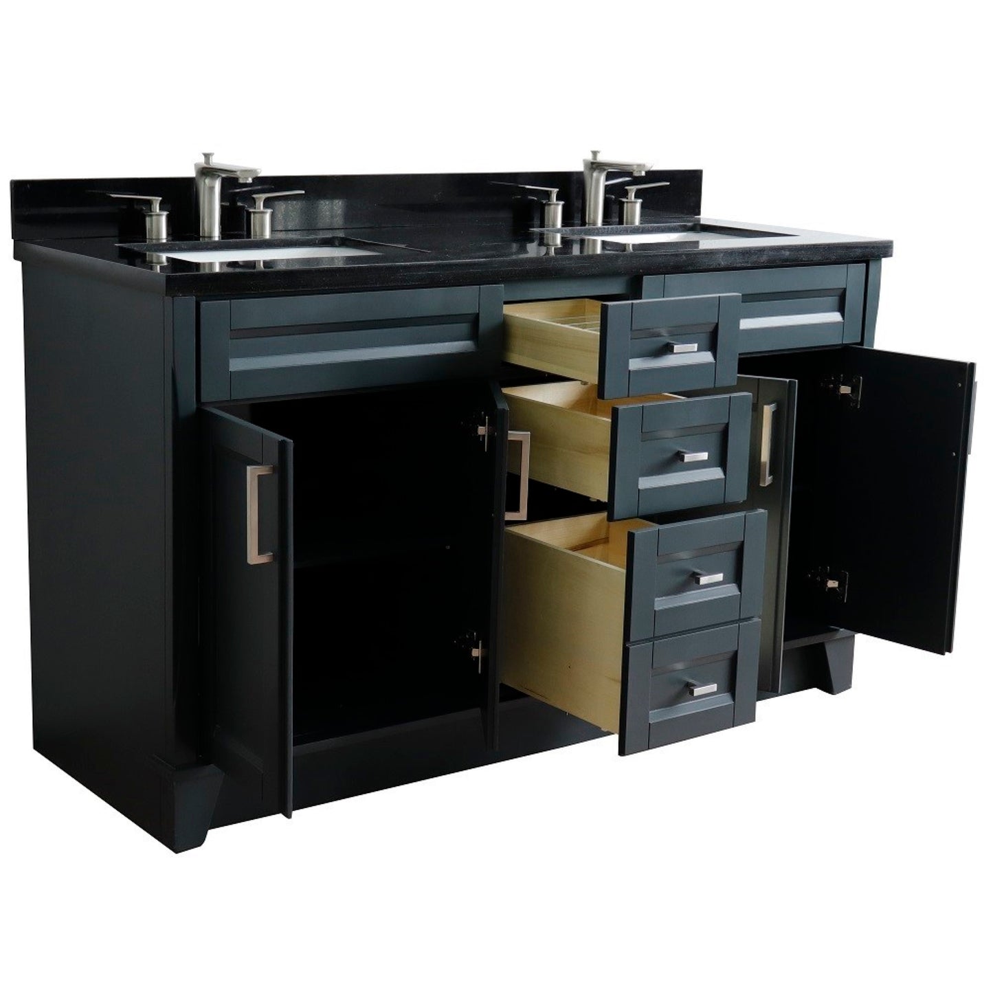 61" Double sink vanity in Dark Gray finish and Black galaxy granite and rectangle sink