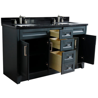 61" Double sink vanity in Dark Gray finish and Black galaxy granite and rectangle sink
