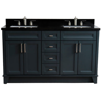 61" Double sink vanity in Dark Gray finish and Black galaxy granite and rectangle sink