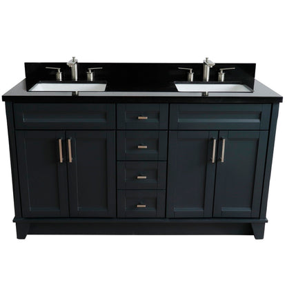 61" Double sink vanity in Dark Gray finish and Black galaxy granite and rectangle sink