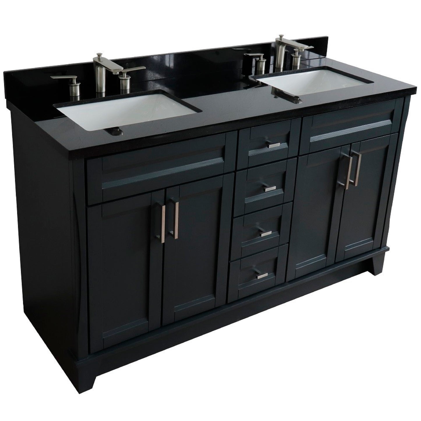 61" Double sink vanity in Dark Gray finish and Black galaxy granite and rectangle sink