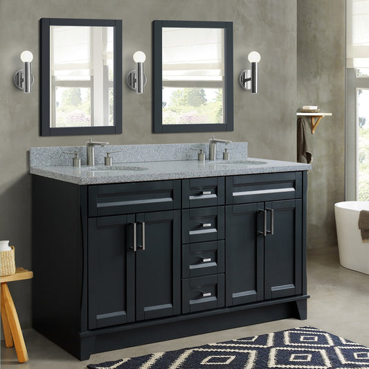 61" Double sink vanity in Dark Gray finish and Gray granite and oval sink
