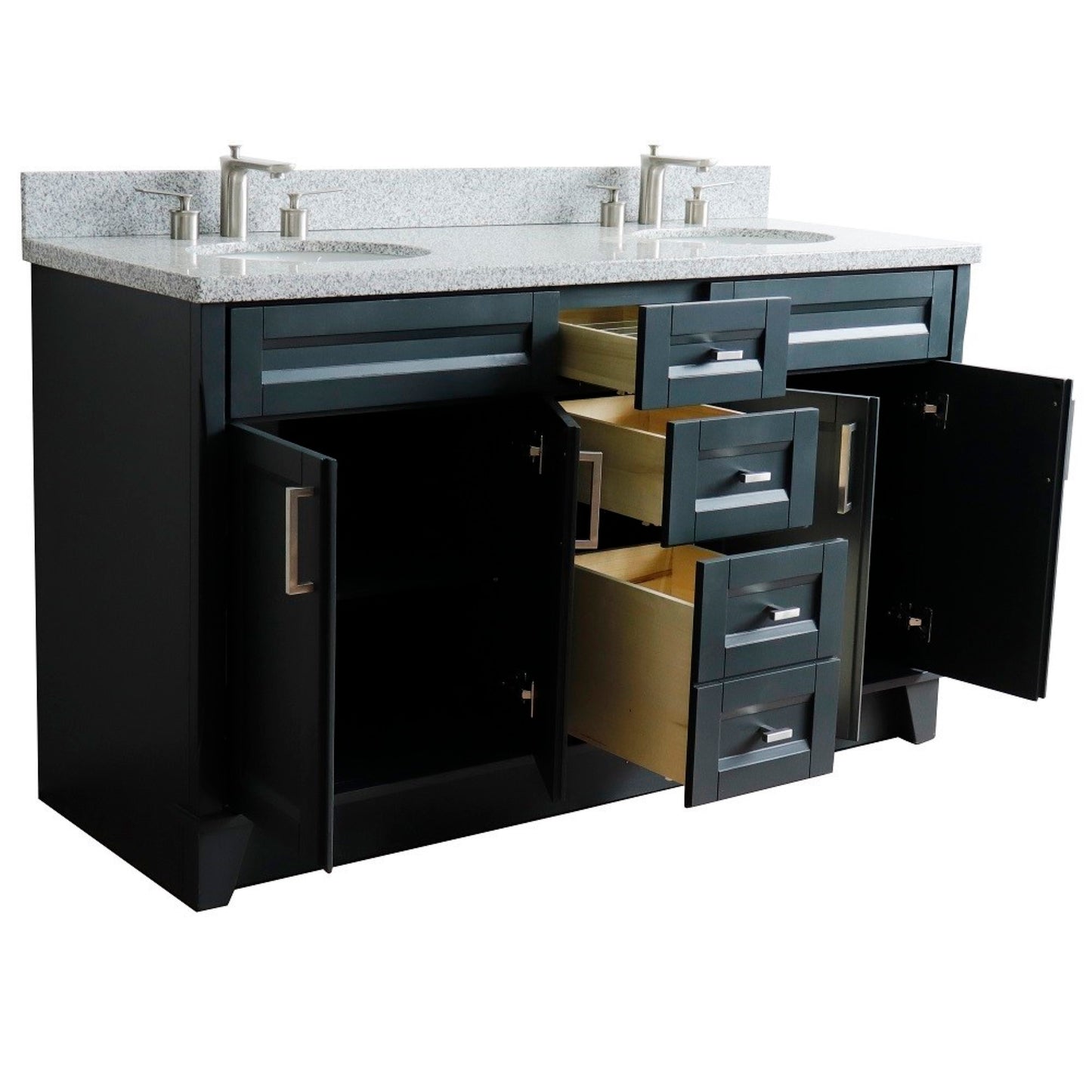 61" Double sink vanity in Dark Gray finish and Gray granite and oval sink