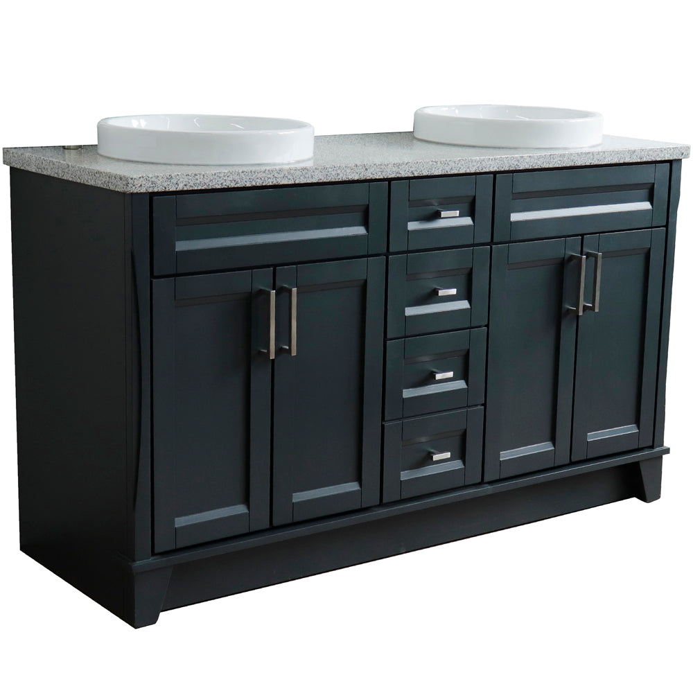 61" Double sink vanity in Dark Gray finish and Gray granite and round sink