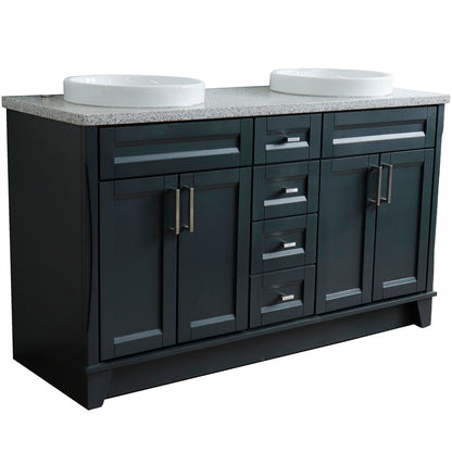 61" Double sink vanity in Dark Gray finish and Gray granite and round sink