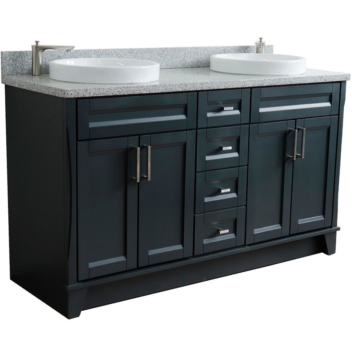 61" Double sink vanity in Dark Gray finish and Gray granite and round sink