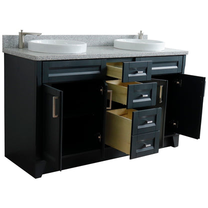 61" Double sink vanity in Dark Gray finish and Gray granite and round sink