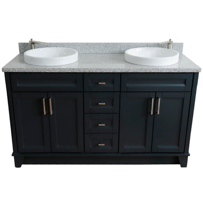 61" Double sink vanity in Dark Gray finish and Gray granite and round sink