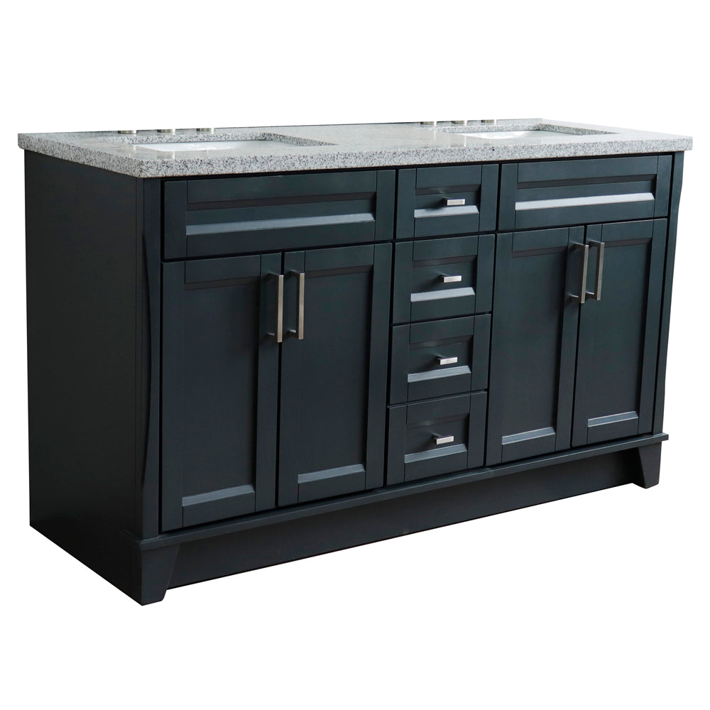 61" Double sink vanity in Dark Gray finish and Gray granite and rectangle sink