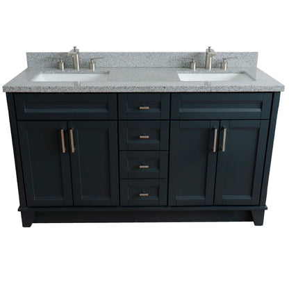 61" Double sink vanity in Dark Gray finish and Gray granite and rectangle sink
