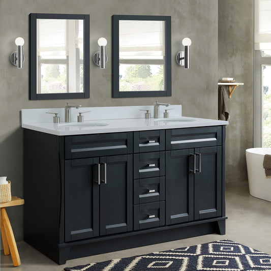 61" Double sink vanity in Dark Gray finish and White engineered stone and oval sink