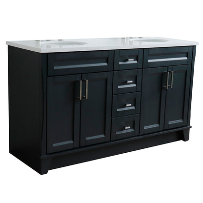 61" Double sink vanity in Dark Gray finish and White engineered stone and oval sink
