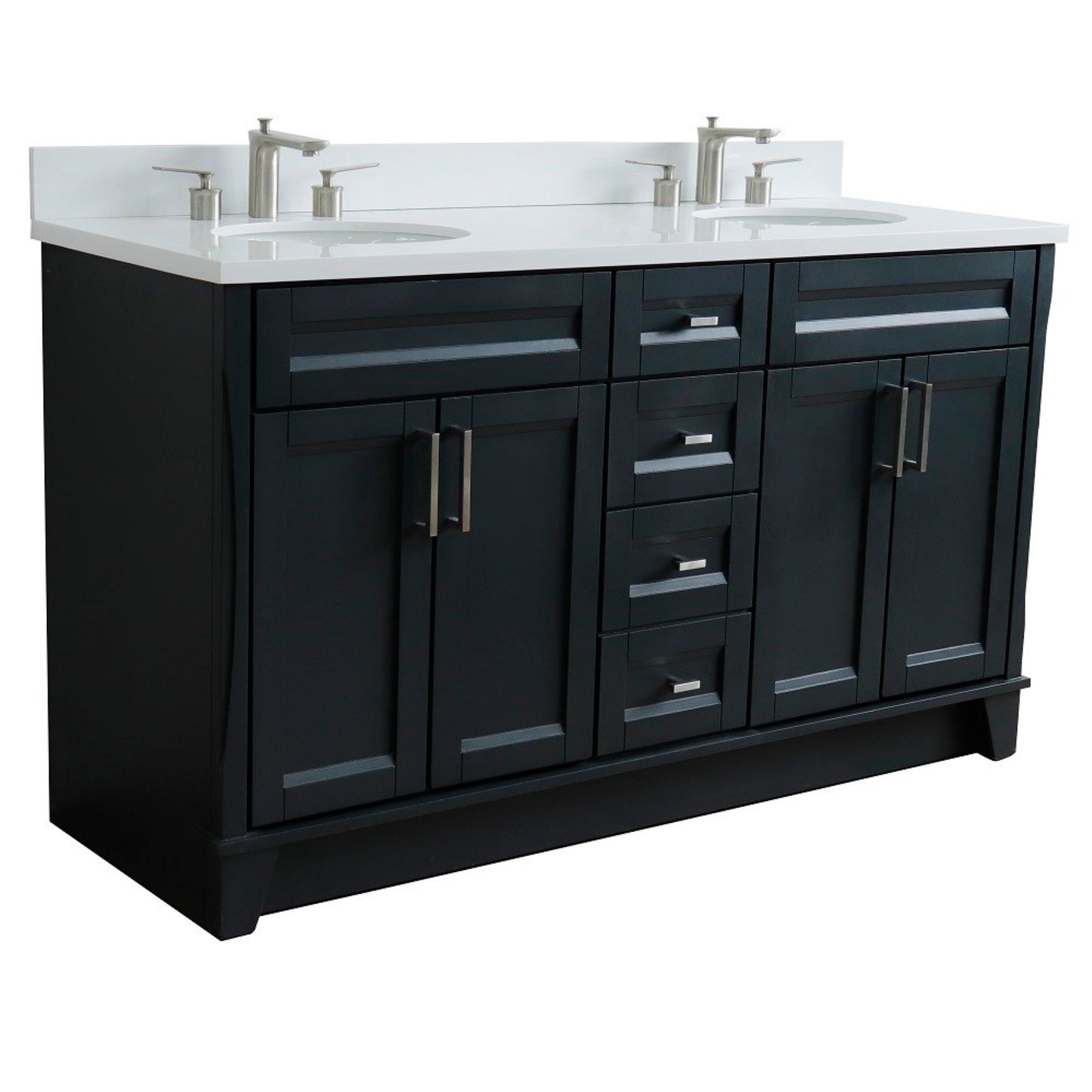 61" Double sink vanity in Dark Gray finish and White engineered stone and oval sink