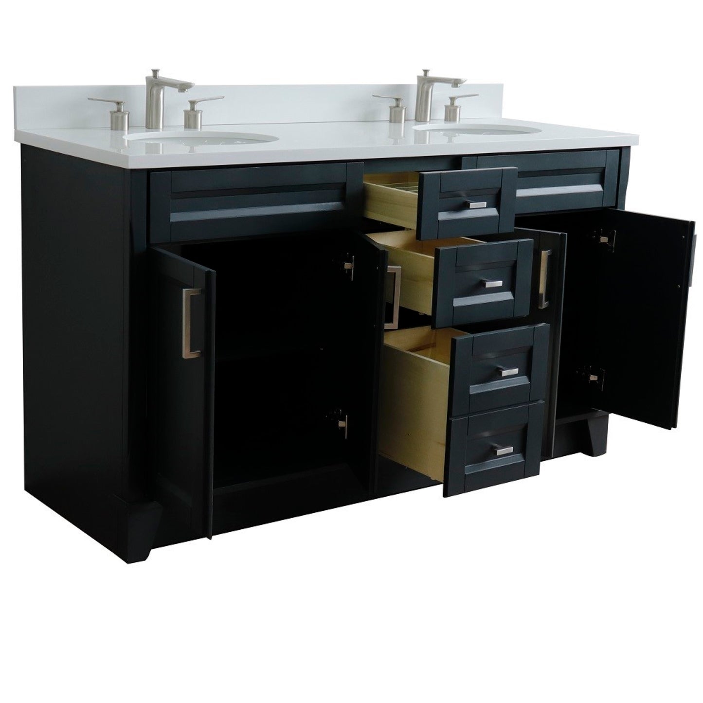 61" Double sink vanity in Dark Gray finish and White engineered stone and oval sink