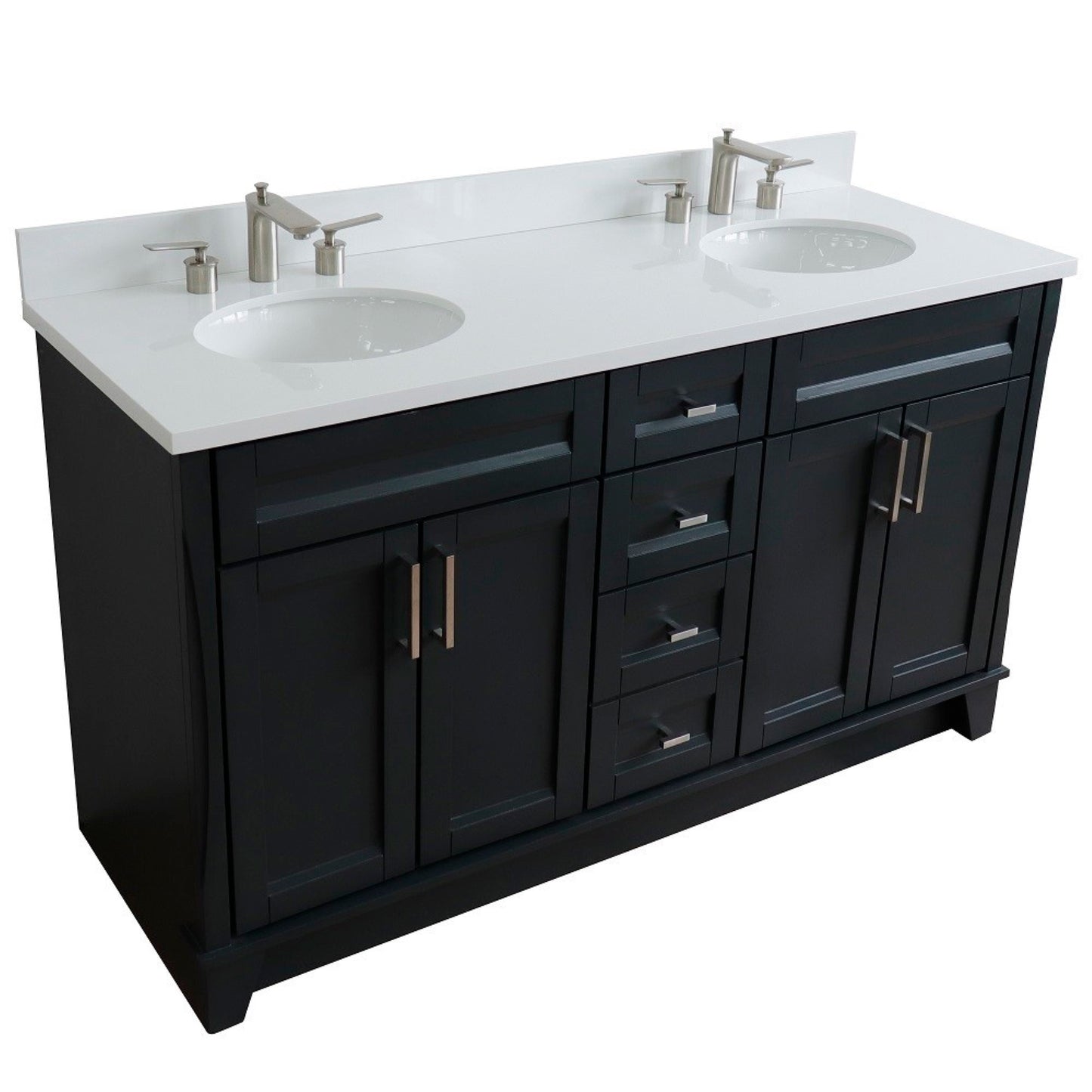 61" Double sink vanity in Dark Gray finish and White engineered stone and oval sink