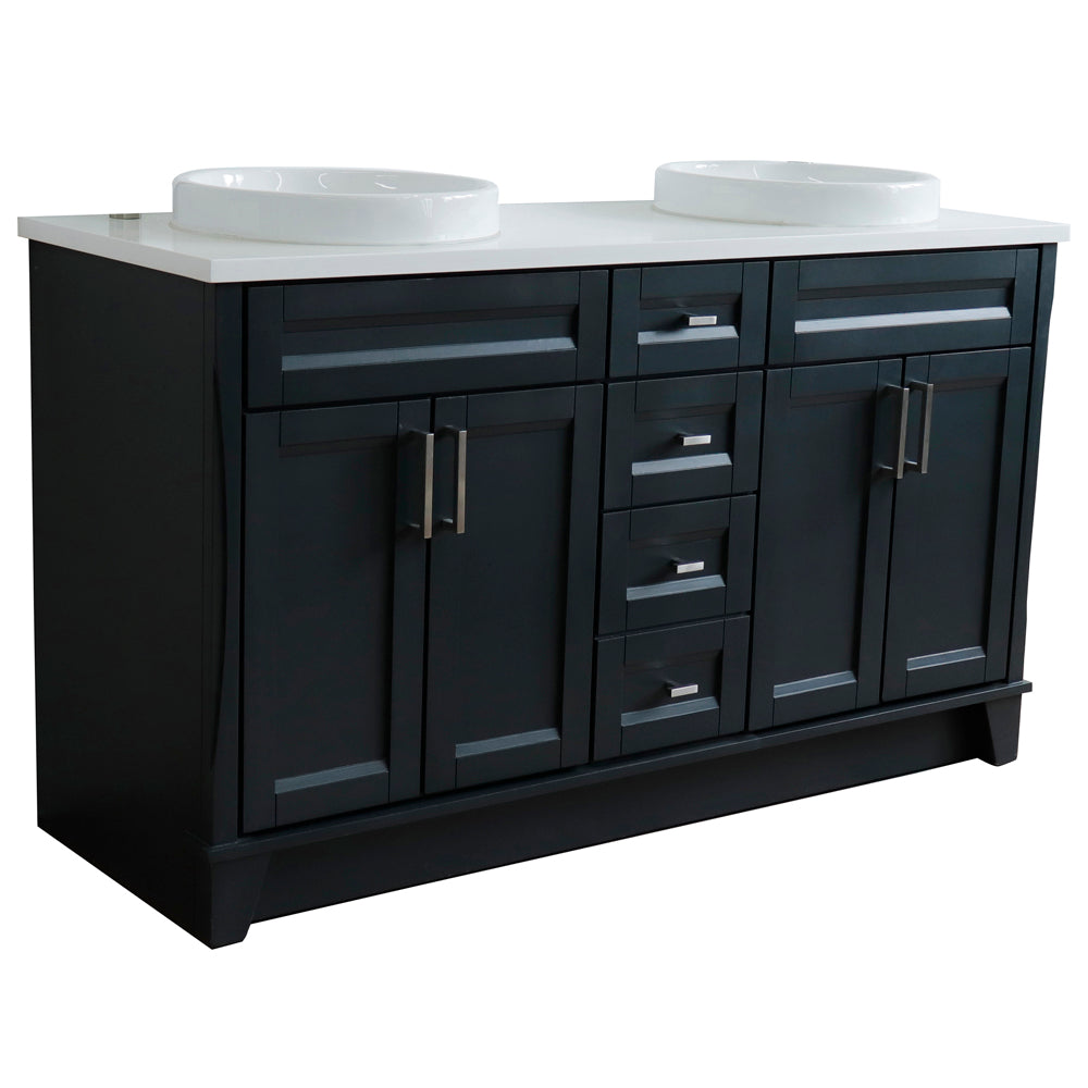 61" Double sink vanity in Dark Gray finish and White engineered stone and round sink