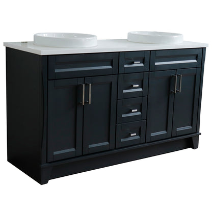 61" Double sink vanity in Dark Gray finish and White engineered stone and round sink