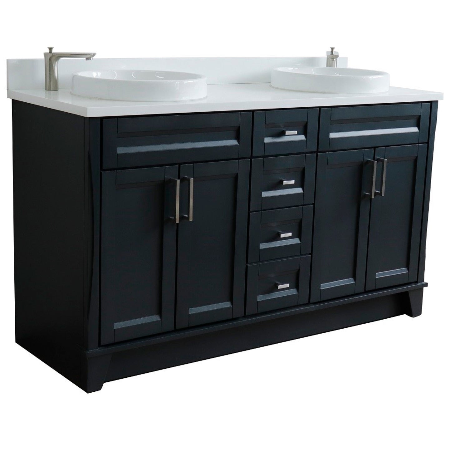 61" Double sink vanity in Dark Gray finish and White engineered stone and round sink