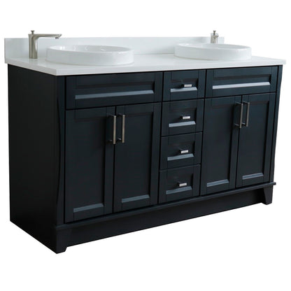 61" Double sink vanity in Dark Gray finish and White engineered stone and round sink