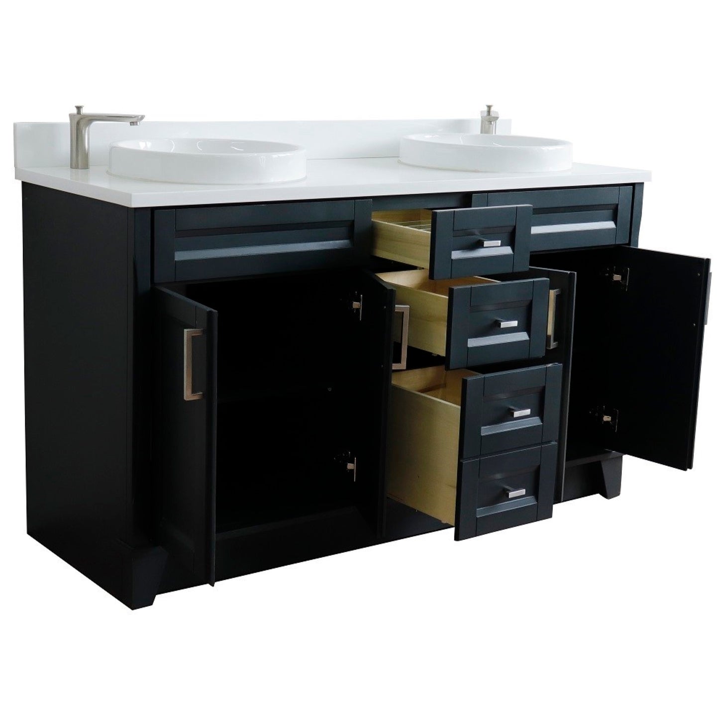 61" Double sink vanity in Dark Gray finish and White engineered stone and round sink