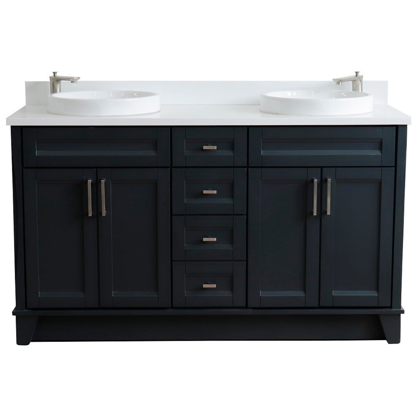 61" Double sink vanity in Dark Gray finish and White engineered stone and round sink