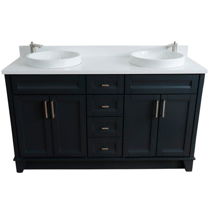 61" Double sink vanity in Dark Gray finish and White engineered stone and round sink