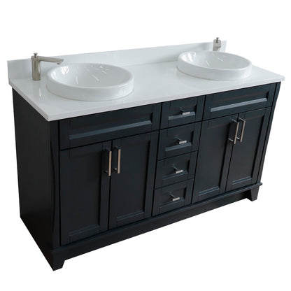 61" Double sink vanity in Dark Gray finish and White engineered stone and round sink