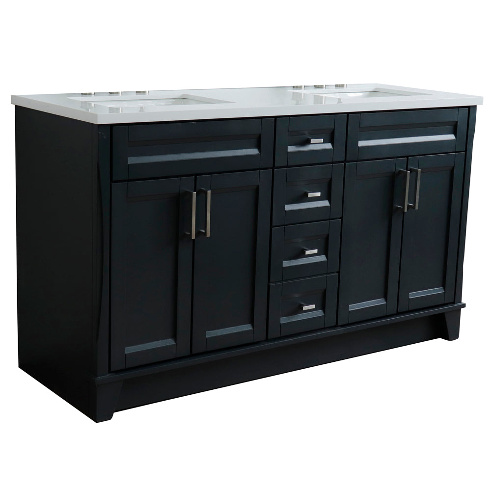 61" Double sink vanity in Dark Gray finish and White engineered stone and rectangle sink