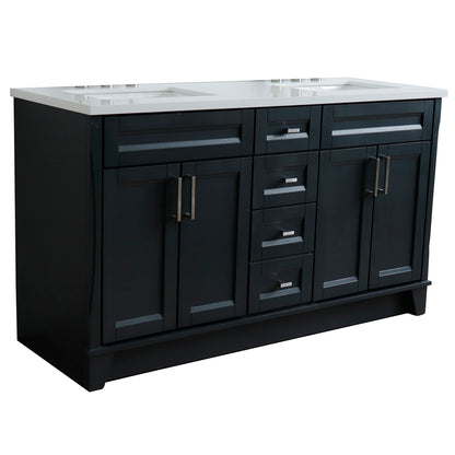 61" Double sink vanity in Dark Gray finish and White engineered stone and rectangle sink
