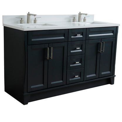 61" Double sink vanity in Dark Gray finish and White engineered stone and rectangle sink