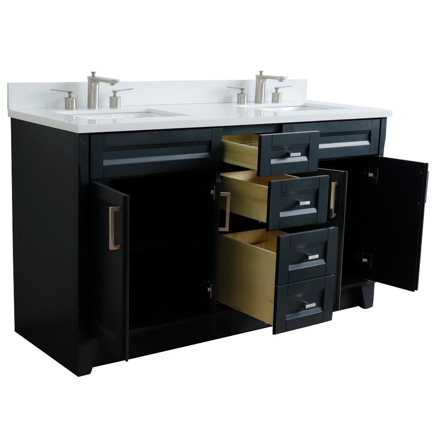 61" Double sink vanity in Dark Gray finish and White engineered stone and rectangle sink