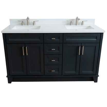 61" Double sink vanity in Dark Gray finish and White engineered stone and rectangle sink