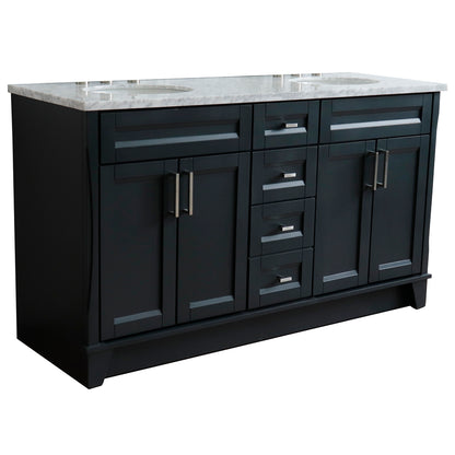 61" Double sink vanity in Dark Gray finish and White Carrara marble and oval sink