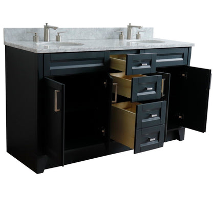61" Double sink vanity in Dark Gray finish and White Carrara marble and oval sink