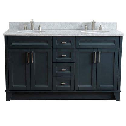 61" Double sink vanity in Dark Gray finish and White Carrara marble and oval sink