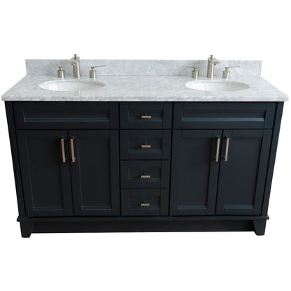 61" Double sink vanity in Dark Gray finish and White Carrara marble and oval sink