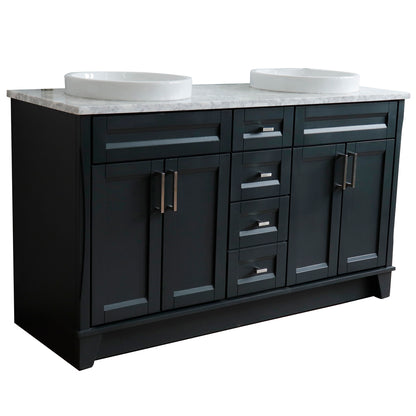 61" Double sink vanity in Dark Gray finish and White Carrara marble and round sink