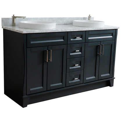 61" Double sink vanity in Dark Gray finish and White Carrara marble and round sink