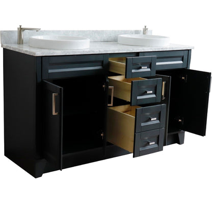 61" Double sink vanity in Dark Gray finish and White Carrara marble and round sink