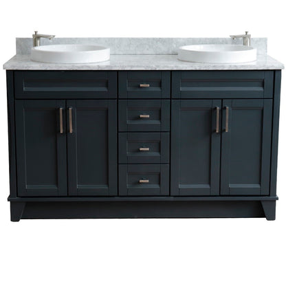 61" Double sink vanity in Dark Gray finish and White Carrara marble and round sink