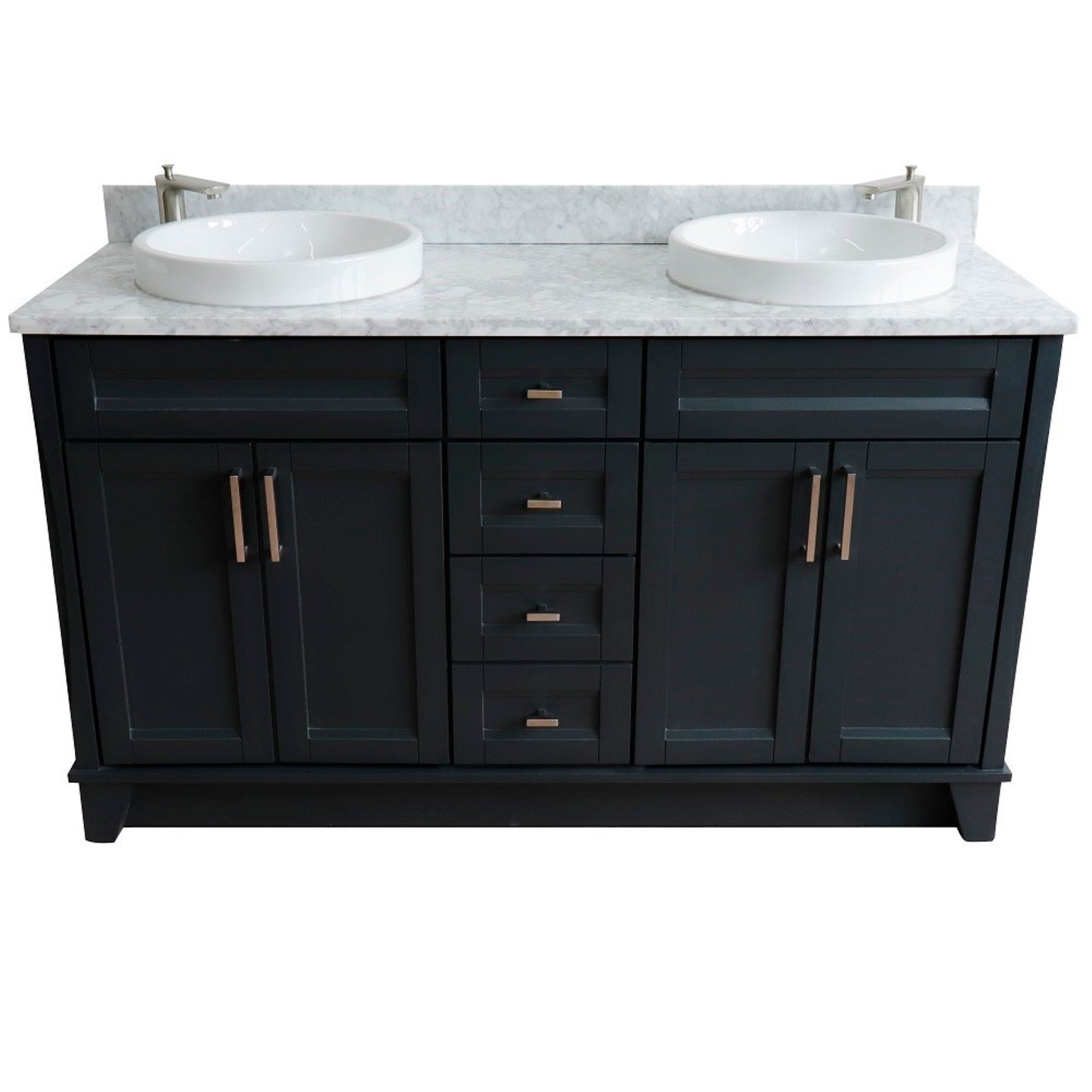 61" Double sink vanity in Dark Gray finish and White Carrara marble and round sink