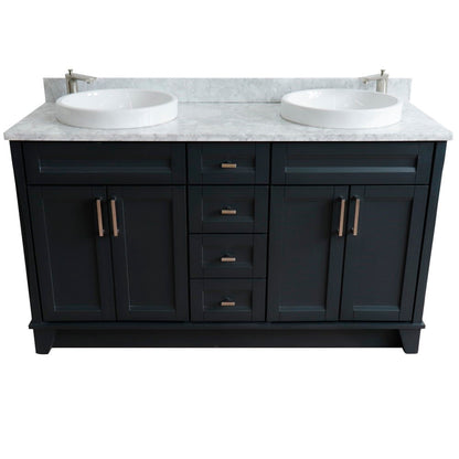 61" Double sink vanity in Dark Gray finish and White Carrara marble and round sink