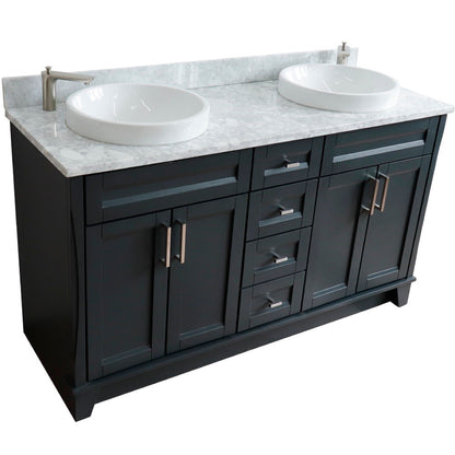 61" Double sink vanity in Dark Gray finish and White Carrara marble and round sink