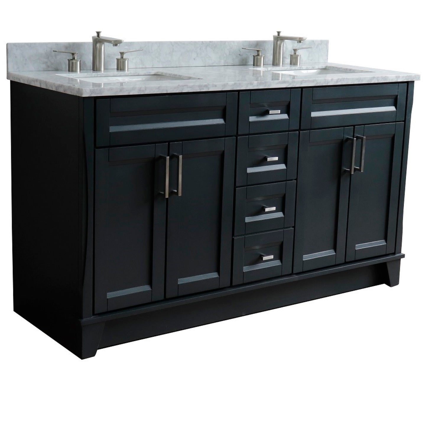 61" Double sink vanity in Dark Gray finish and White Carrara marble and rectangle sink