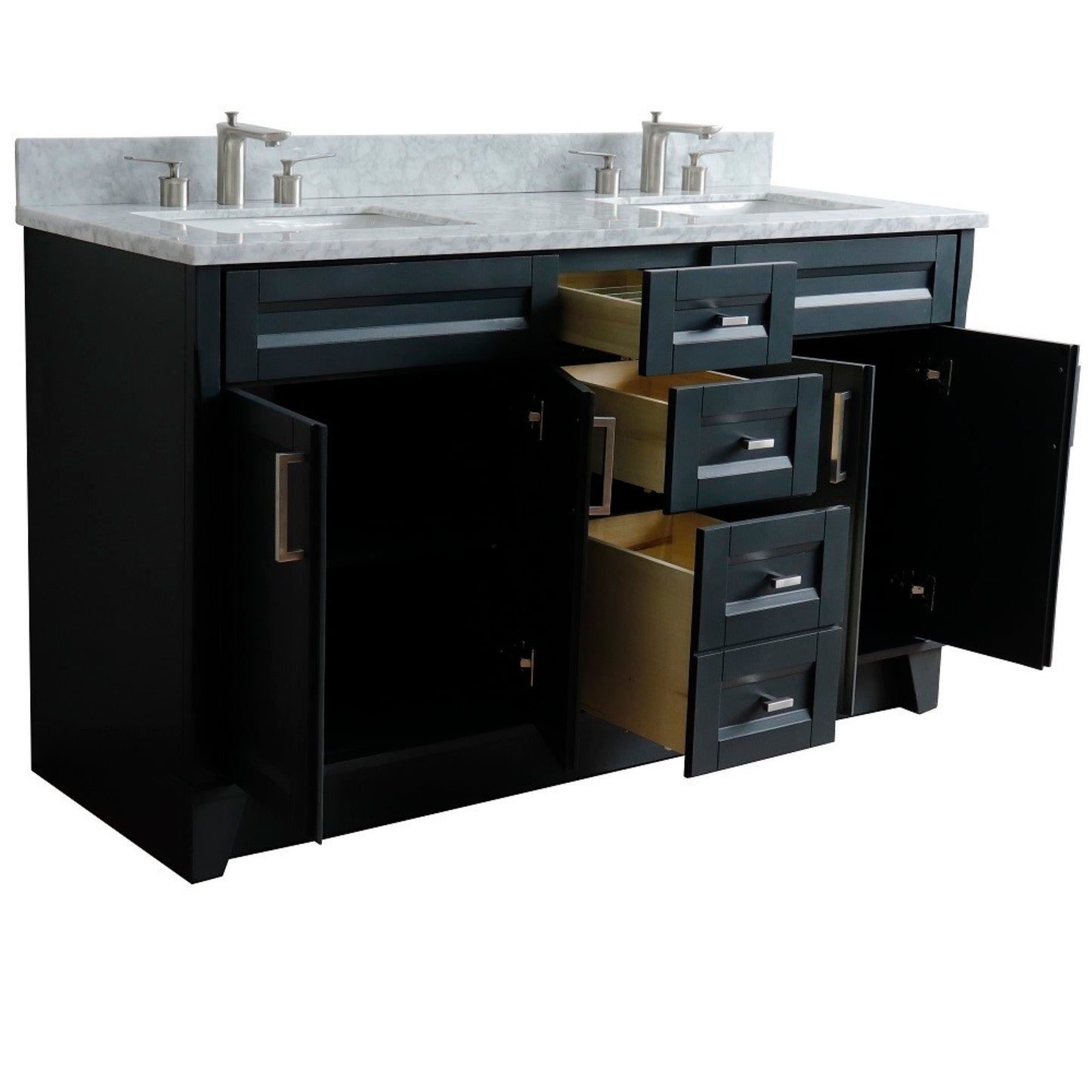 61" Double sink vanity in Dark Gray finish and White Carrara marble and rectangle sink